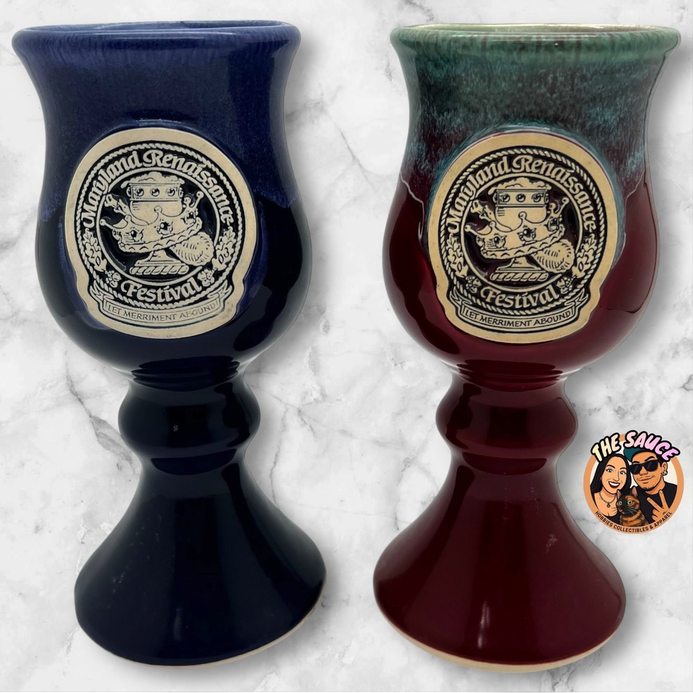 Maryland Renaissance Festival Chalice Set 2 Lee Farmer Ceramic Blue Red Goblet